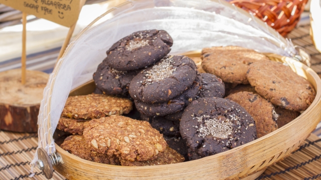 Delicious carob cookies and whole biscuits in a handmade products bazaar, Ibiza, Spain.