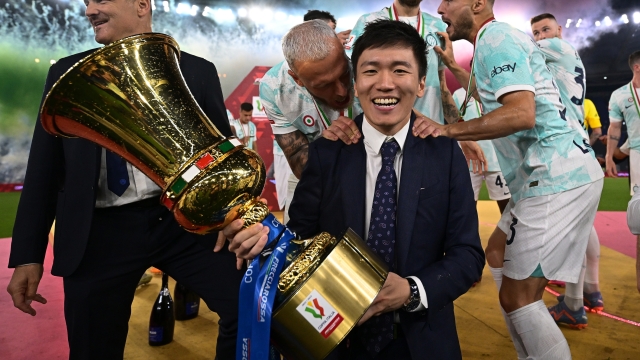 ROME, ITALY - MAY 24:  Chairman of FC Internazionale Steven Zhang celebrates the win with the trophy during the award ceremony at the end of the Coppa Italia final match between ACF Fiorentina and FC Internazionale at Stadio Olimpico on May 24, 2023 in Rome, Italy. (Photo by Mattia Ozbot - Inter/Inter via Getty Images)