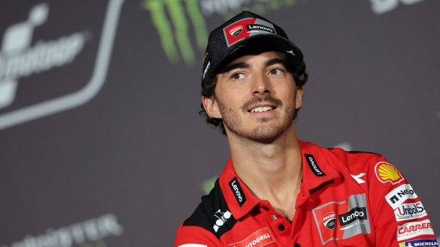Ducati Italian rider Francesco Bagnaia attends a press conference ahead of the Moto Grand Prix de Catalunya at the Circuit de Catalunya on August 31, 2023 in Montmelo on the outskirts of Barcelona. (Photo by LLUIS GENE / AFP)