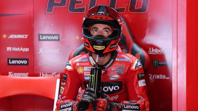 Ducati Italian rider Francesco Bagnaia is pictured in the box during the second MotoGP free practice session of the Moto Grand Prix of Catalonia at the Circuit de Catalunya on September 1, 2023 in Montmelo on the outskirts of Barcelona. (Photo by LLUIS GENE / AFP)