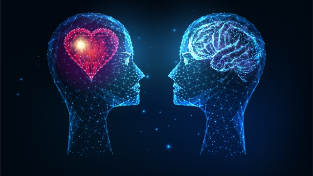 Futuristic emotional and intellectual intelligence concept with glowing low polygonal human heads with heart and brain isolated on dark blue background. Modern wire frame design vector illustration.