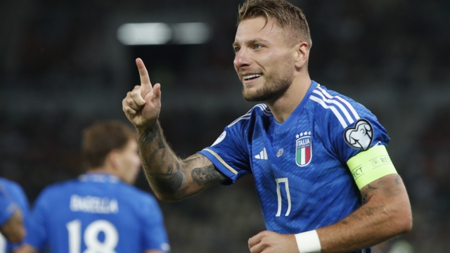 Italy's Ciro Immobile celebrates after he scored his side's first goal during the Euro 2024 group C qualifying soccer match between North Macedonia and Italy at National Arena Todor Proeski in Skopje, North Macedonia, Saturday, Sept. 9, 2023. (AP Photo/Boris Grdanoski)