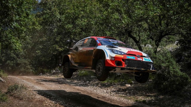 Finland's Kalle Rovanpera and co-driver Jonne Halttunen drive their Toyota GR Yaris Rally 1 Hybrid at the special stage Livadia during the Acropolis rally in Livadia on September 9, 2023. (Photo by Aris Messinis / AFP)