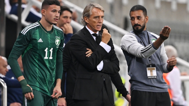 NEWCASTLE UPON TYNE, ENGLAND - SEPTEMBER 08: Roberto Mancini, Head Coach of Saudi Arabia, reacts during the International Friendly match between Saudi Arabia and Costa Rica at St James' Park on September 08, 2023 in Newcastle upon Tyne, England. (Photo by Stu Forster/Getty Images)