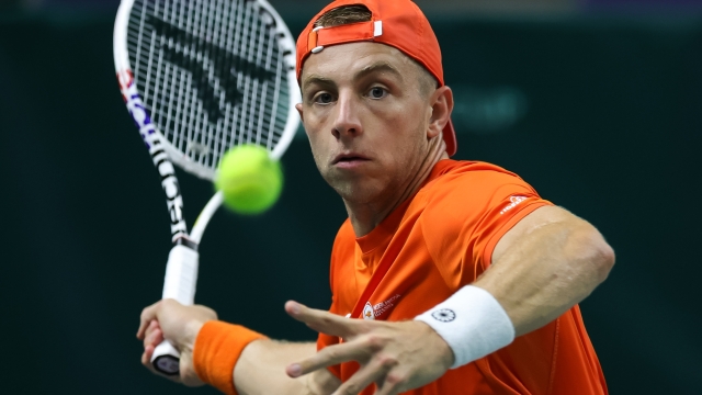 SPLIT, CROATIA - SEPTEMBER 14: Tallon Griekspoor of Netherlands returns the ball to Frances Tiafoe of USA during the 2023 Davis Cup Finals Group D Stage match between Netherlands and USA at Arena Gripe Sports Centre on September 14, 2023 in Split, Croatia. (Photo by Srdjan Stevanovic/Getty Images for ITF)