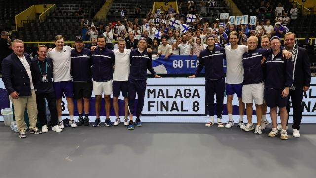 SPLIT, CROATIA - SEPTEMBER 16: Team Finland pose for a picture after reaching the Final 8 in Malaga during the 2023 Davis Cup Finals Group D Stage match between USA and Finland at Arena Gripe Sports Centre on September 16, 2023 in Split, Croatia. (Photo by Srdjan Stevanovic/Getty Images for ITF)