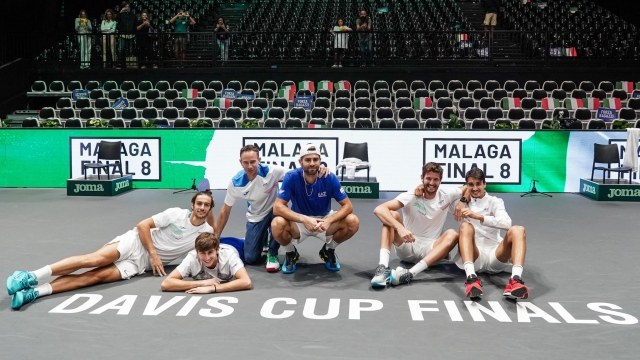 Italy's team celebrates after winning 2-1 against Sweden during their 2023 Davis Cup Finals Group A tennis match, Bologna, Italy, 17 September 2023.  ANSA/STRINGER