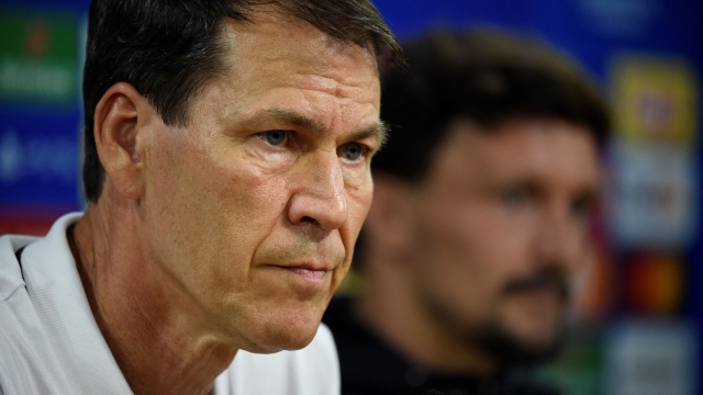 Napoli's coach Rudi Garcia attends a press conference at the Municipal stadium in Braga on September 19, 2023 on the eve of the UEFA Champions League 1st round day 1 group C football match between SC Braga and Napoli. (Photo by MIGUEL RIOPA / AFP)