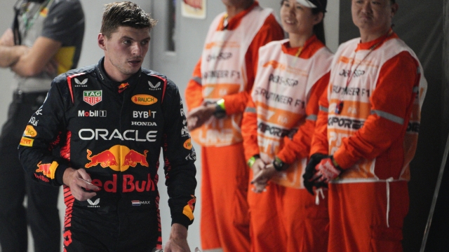 Red Bull driver Max Verstappen of the Netherlands reacts following the Singapore Formula One Grand Prix at the Marina Bay circuit, Singapore,Sunday, Sept. 17, 2023. (AP Photo/Vincent Thian)
