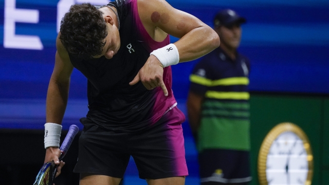 Ben Shelton, of the United States, reacts after defeating Frances Tiafoe, of the United States, during the quarterfinals of the U.S. Open tennis championships, Wednesday, Sept. 6, 2023, in New York. (AP Photo/Charles Krupa)