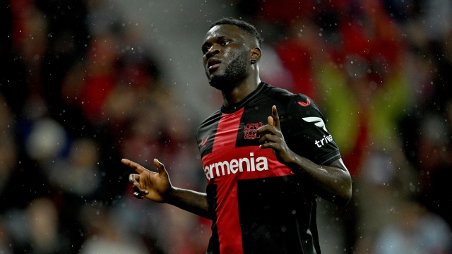 LEVERKUSEN, GERMANY - SEPTEMBER 21: Victor Boniface of Bayer Leverkusen celebrates after scoring the team's third goal during the UEFA Europa League 2023/24 group stage match between Bayer 04 Leverkusen and BK Häcken at BayArena on September 21, 2023 in Leverkusen, Germany. (Photo by Lukas Schulze/Getty Images)