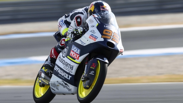 epa10709122 Dutch Collin Veijer on his Husqvarna in action during the third free practice session of Moto3 at the TT circuit of Assen, Netherlands, 24 June 2023.  EPA/VINCENT JANNINK