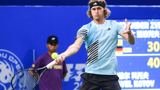 Alexander Zverev of Germany hits a return during his men's singles match against Pavel Kotov of Russia at the ATP Chengdu Open tennis tournament in Chengdu, in Chinas southwest Sichuan province on September 23, 2023. (Photo by AFP) / China OUT