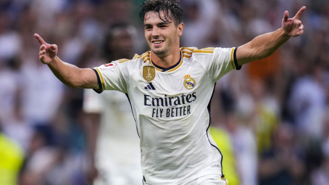 Real Madrid's Brahim Diaz celebrates after scoring the opening goal during a Spanish La Liga soccer match between Real Madrid and Las Palmas, at Santiago Bernabeu stadium, in Madrid, Wednesday, Sept. 27, 2023. (AP Photo/Manu Fernandez)