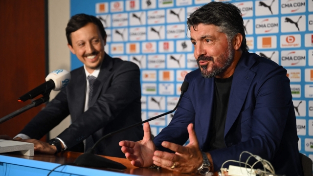 Olympique de Marseille newly appointed head coach, Italy's Gennaro Gattuso (R) gives a press conference with Marseille's Spanish President Pablo Longoria (L) during his official presentation in Marseille, southern France, on September 28, 2023. (Photo by Nicolas TUCAT / AFP)