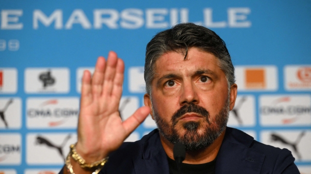 Olympique de Marseille newly appointed head coach, Italy's Gennaro Gattuso gives a press conference during his official presentation in Marseille, southern France, on September 28, 2023. (Photo by Nicolas TUCAT / AFP)