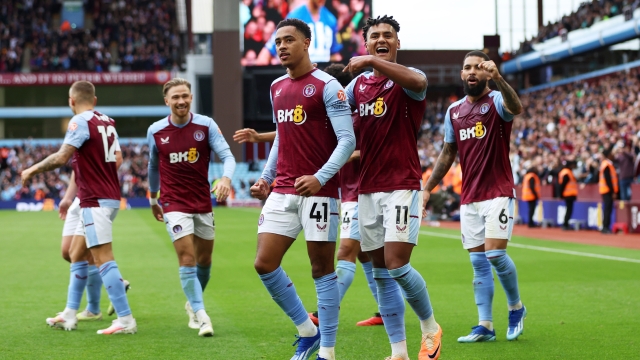 BIRMINGHAM, ENGLAND - SEPTEMBER 30: Jacob Ramsey of Aston Villa celebrates with Ollie Watkins of Aston Villa after scoring the team's fifth goal during the Premier League match between Aston Villa and Brighton & Hove Albion at Villa Park on September 30, 2023 in Birmingham, England. (Photo by Nathan Stirk/Getty Images)