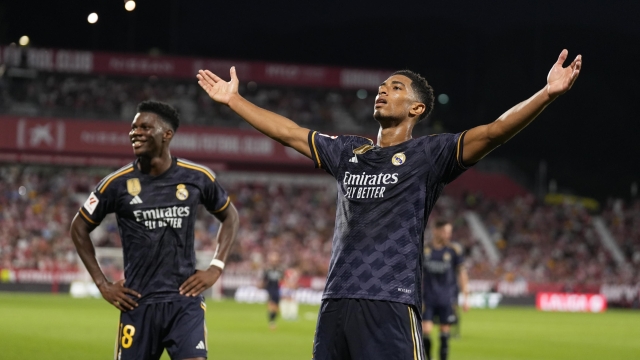 epa10892759 Real Madrid's Jude Bellingham celebrates after scoring the 0-3 goal during the Spanish LaLiga match between Girona FC and Real Madrid at Montilivi stadium in Girona, Spain, 30 September 2023.  EPA/David Borrat