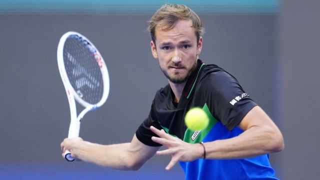 BEIJING, CHINA - SEPTEMBER 30: Daniil Medvedev in action against Alex De Minaur of Australia during day 5 of the 2023 China Open at National Tennis Center on September 30, 2023 in Beijing, China. (Photo by Fred Lee/Getty Images)