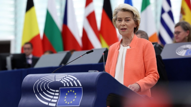EU Commission President Ursula von der Leyen gives her annual State of the Union address during a plenary session at the European Parliament in Strasbourg, eastern France, on September 13, 2023. (Photo by FREDERICK FLORIN / AFP)