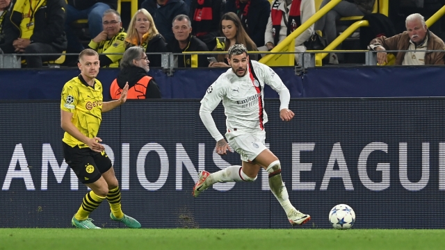DORTMUND, GERMANY - OCTOBER 04:  Theo Hernandez of AC Milan in action during the UEFA Champions League match between Borussia Dortmund and AC Milan at Signal Iduna Park on October 04, 2023 in Dortmund, Germany. (Photo by Claudio Villa/AC Milan via Getty Images)