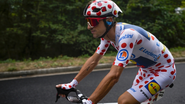 Italy's Giulio Ciccone, wearing the best climber's dotted jersey, rides during the twenty-first stage of the Tour de France cycling race over 115 kilometers (71.5 miles) with start in Saint-Quentin-en-Yvelines and finish on the Champs Elysees in Paris, France, Sunday, July 23, 2023. (AP Photo/Daniel Cole)