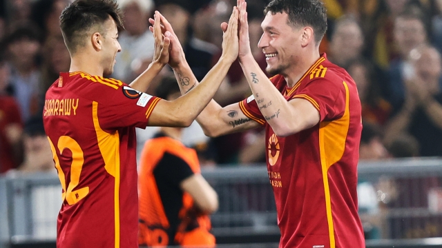 Andrea Belotti of Roma (R) celebrates with Stephan El Shaarawy (L) after scoring 2-0 goal during the UEFA Europa League, Group G soccer match between AS Roma and Servette FC at Olimpico stadium in Rome, Italy, 05 October 2023. ANSA/FEDERICO PROIETTI