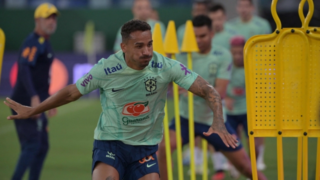 Brazil's defender Danilo takes part in a training session of the national team at the Arena Pantanal stadium in Cuiaba, Brazil, on October 11, 2023, ahead of FIFA World Cup 2026 qualifier football matches against Venezuela and Uruguay. (Photo by NELSON ALMEIDA / AFP)