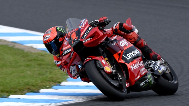 Ducati Lenovo Team rider Francesco Bagnaia of Italy rides his motorcycle during a free practice session of the Japanese MotoGP Grand Prix at the Mobility Resort Motegi in Motegi, Tochigi prefecture on September 30, 2023. (Photo by Toshifumi KITAMURA / AFP)