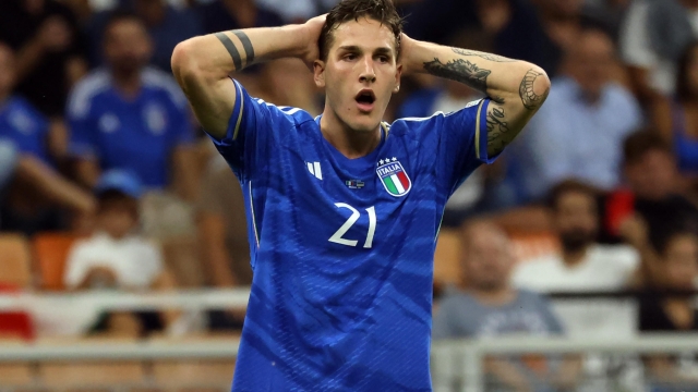 ItalyÂ?s Nicolo' Zaniolo reacts during the UEFA Euro 2024 qualifying soccer match  between Italy and Ukraine at Giuseppe Meazza stadium in Milan, 12  September  2023. ANSA / MATTEO BAZZI