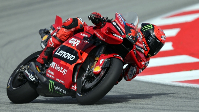 Ducati Italian rider Francesco Bagnaia rides during the first MotoGP free practice session of the Moto Grand Prix of Catalonia at the Circuit de Catalunya on September 1, 2023 in Montmelo on the outskirts of Barcelona. (Photo by LLUIS GENE / AFP)