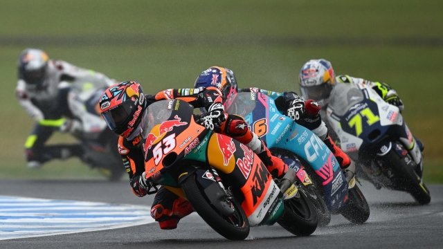 PHILLIP ISLAND, AUSTRALIA - OCTOBER 22: Deniz Oncu of Turkey and the Red Bull KTM Ajo Team rounds the bend in the Moto 3 race during the MotoGP of Australia - Sprint Race at Phillip Island Grand Prix Circuit on October 22, 2023 in Phillip Island, Australia. (Photo by Quinn Rooney/Getty Images)