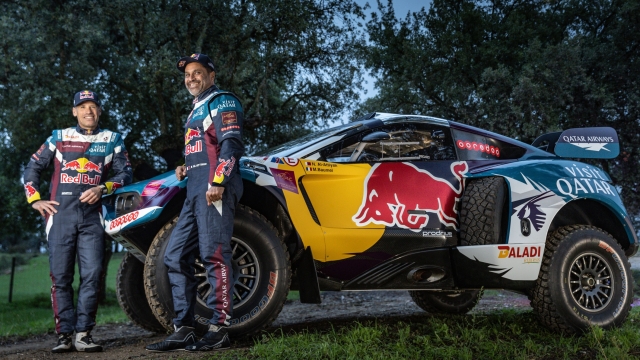 Nasser Al-Attiyah & Mathieu Baumel announcing new Prodrive Hunter for Dakar 2024 in Portalegre , Portugal on October 26, 2023 // Kin Marcin / Red Bull Content Pool // SI202310260049 // Usage for editorial use only //