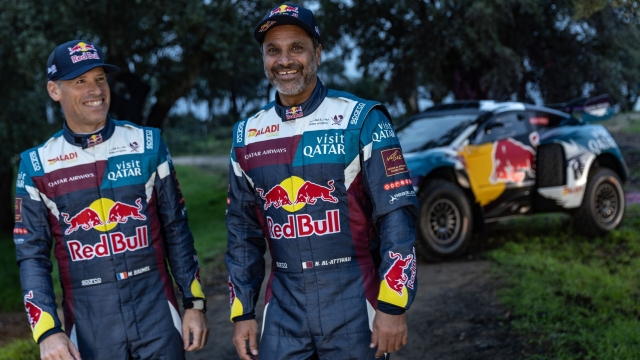 Nasser Al-Attiyah & Mathieu Baumel announcing new Prodrive Hunter for Dakar 2024 in Portalegre , Portugal on October 26, 2023 // Kin Marcin / Red Bull Content Pool // SI202310260056 // Usage for editorial use only //