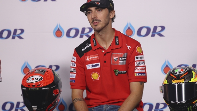 BURIRAM, THAILAND - OCTOBER 26: Francesco Bagnaia of Italy and Ducati Lenovo Team speaks during the press conference pre-event during the MotoGP of Thailand - Previews at Chang International Circuit on October 26, 2023 in Buriram, Thailand. (Photo by Mirco Lazzari gp/Getty Images)