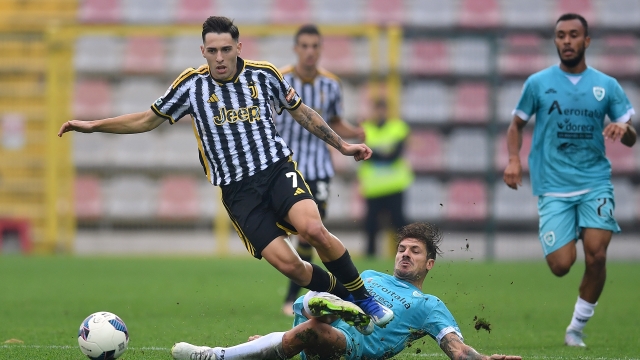 ALESSANDRIA, ITALY - OCTOBER 29:  Luis Hasa of Juventus Next Gen is tackled during the match between Juventus Next Gen and  Olbia at Stadio Giuseppe Moccagatta on October 29, 2023 in Alessandria, Italy.  (Photo by Valerio Pennicino - Juventus FC/Juventus FC via Getty Images)