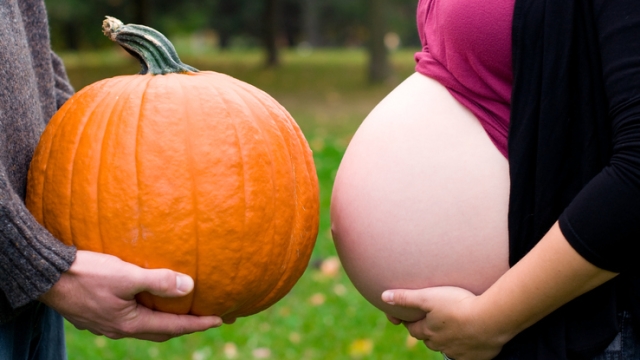 Pregnant belly with bright orange pumpkin.