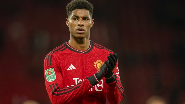 Manchester United's Marcus Rashford applauds at the end of EFL Cup fourth round soccer match between Manchester United and Newcastle at Old Trafford stadium in Manchester, England, Wednesday, Nov. 1, 2023. (AP Photo/Dave Thompson)