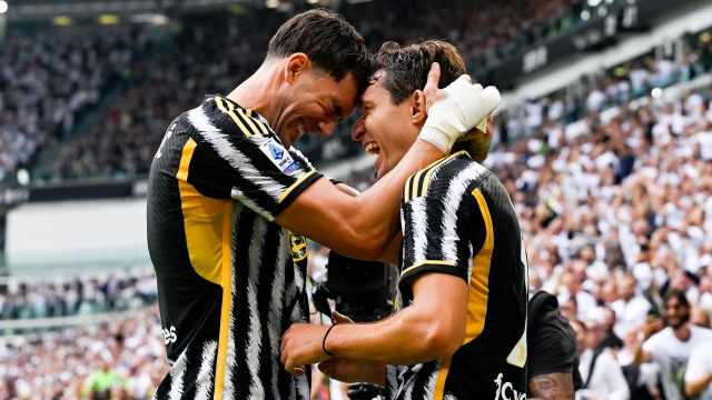 TURIN, ITALY - SEPTEMBER 16: Federico Chiesa of Juventus celebrates after scoring his team's second goal with teammate Dusan Vlahovic during the Serie A TIM match between Juventus and SS Lazio at Allianz Stadium on September 16, 2023 in Turin, Italy. (Photo by Daniele Badolato - Juventus FC/Juventus FC via Getty Images)