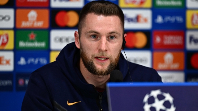 Paris Saint-Germain's Slovak defender #37 Milan Skriniar attends a presser on the eve of the UEFA Champions League 1st round day 4 Group F football match between AC Milan and Paris Saint-Germain, on November 6, 2023 in Milan. (Photo by GABRIEL BOUYS / AFP)