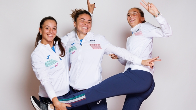 SEVILLE, SPAIN - NOVEMBER 05: Lucrezia Stefanini, Jasmine Paolini and Lucia Bronzetti of Team Italy poses for a portrait prior to the Billie Jean King Cup Finals at Estadio de La Cartuja on November 05, 2023 in Seville, Spain. (Photo by Matt McNulty/Getty Images for ITF)