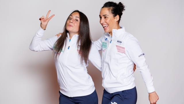 SEVILLE, SPAIN - NOVEMBER 05: Elisabetta Cocciaretto and Martina Trevisan of Team Italy poses for a portrait prior to the Billie Jean King Cup Finals at Estadio de La Cartuja on November 05, 2023 in Seville, Spain. (Photo by Matt McNulty/Getty Images for ITF)