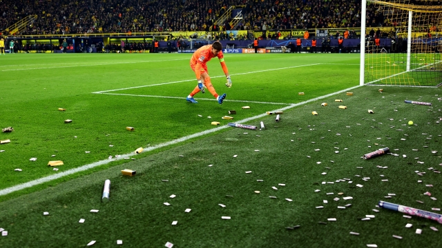 DORTMUND, GERMANY - NOVEMBER 07: Gregor Kobel of Borussia Dortmund looks on as fake money is seen on the pitch during the UEFA Champions League match between Borussia Dortmund and Newcastle United at Signal Iduna Park on November 07, 2023 in Dortmund, Germany. (Photo by Lars Baron/Getty Images)