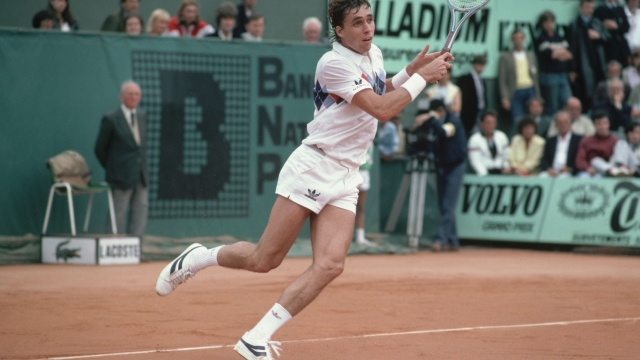 Ivan Lendl hits a forehand return in a tennis match at the 1982 French Open.   (Photo by Jean-Yves Ruszniewski/TempSport/Corbis/VCG via Getty Images)