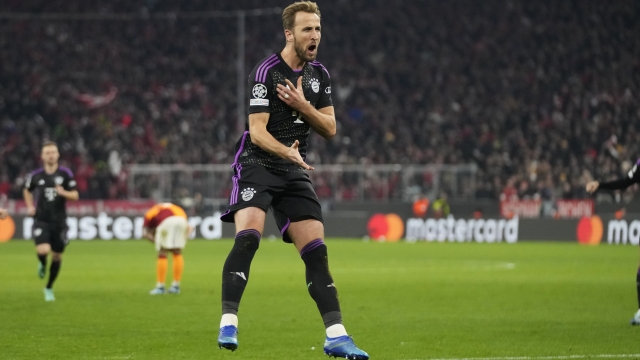Bayern's Harry Kane celebrates after scoring the opening goal during the Champions League group A soccer match between Bayer Munich and Galatasaray at the Allianz Arena stadium in Munich, Germany, Wednesday, Nov. 8, 2023. (AP Photo/Matthias Schrader)