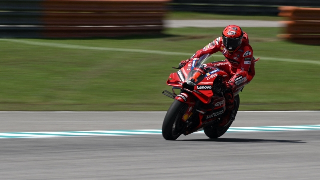 Ducati Lenovo Team's Italian rider Francesco Bagnaia rides during the second free practice session of the MotoGP Malaysian Grand Prix at the Sepang International Circuit in Sepang on November 11, 2023. (Photo by MOHD RASFAN / AFP)