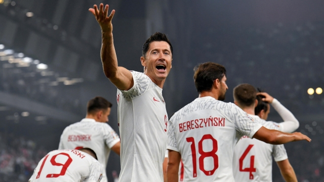 epa10853613 Robert Lewandowski (C) of Poland reacts during the UEFA EURO 2024 qualifying soccer match between Albania and Poland in Tirana, Albania, 10 September 2023.  EPA/Andrzej Lange POLAND OUT