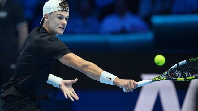 Holger Rune of Denmarck in action during the Nitto ATP Finals 2023 tennis tournament at the Pala Alpitour arena in Turin, Italy, 14 November 2023 ANSA/ALESSANDRO DI MARCO
