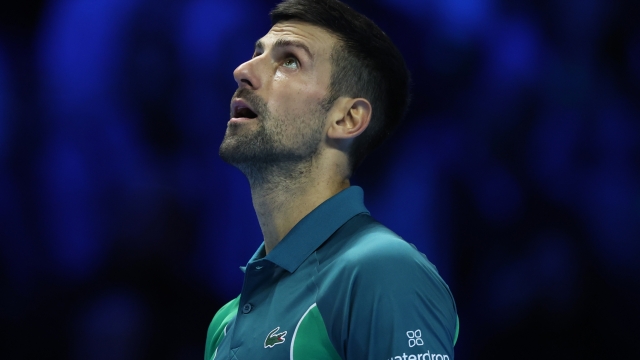 TURIN, ITALY - NOVEMBER 14: Novak Djokovic of Serbia reacts against Jannik Sinner of Italy during the Men's Singles Round Robin match on day three of the Nitto ATP Finals at Pala Alpitour on November 14, 2023 in Turin, Italy. (Photo by Clive Brunskill/Getty Images)