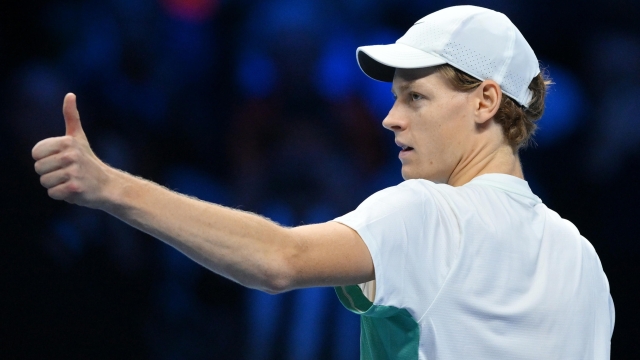 Jannik Sinner of Italy celebrates during the match against Holger Rune of Denmark at the Nitto ATP Finals tennis tournament in Turin, Italy, 16 November 2023.  ANSA/ALESSANDRO DI MARCO